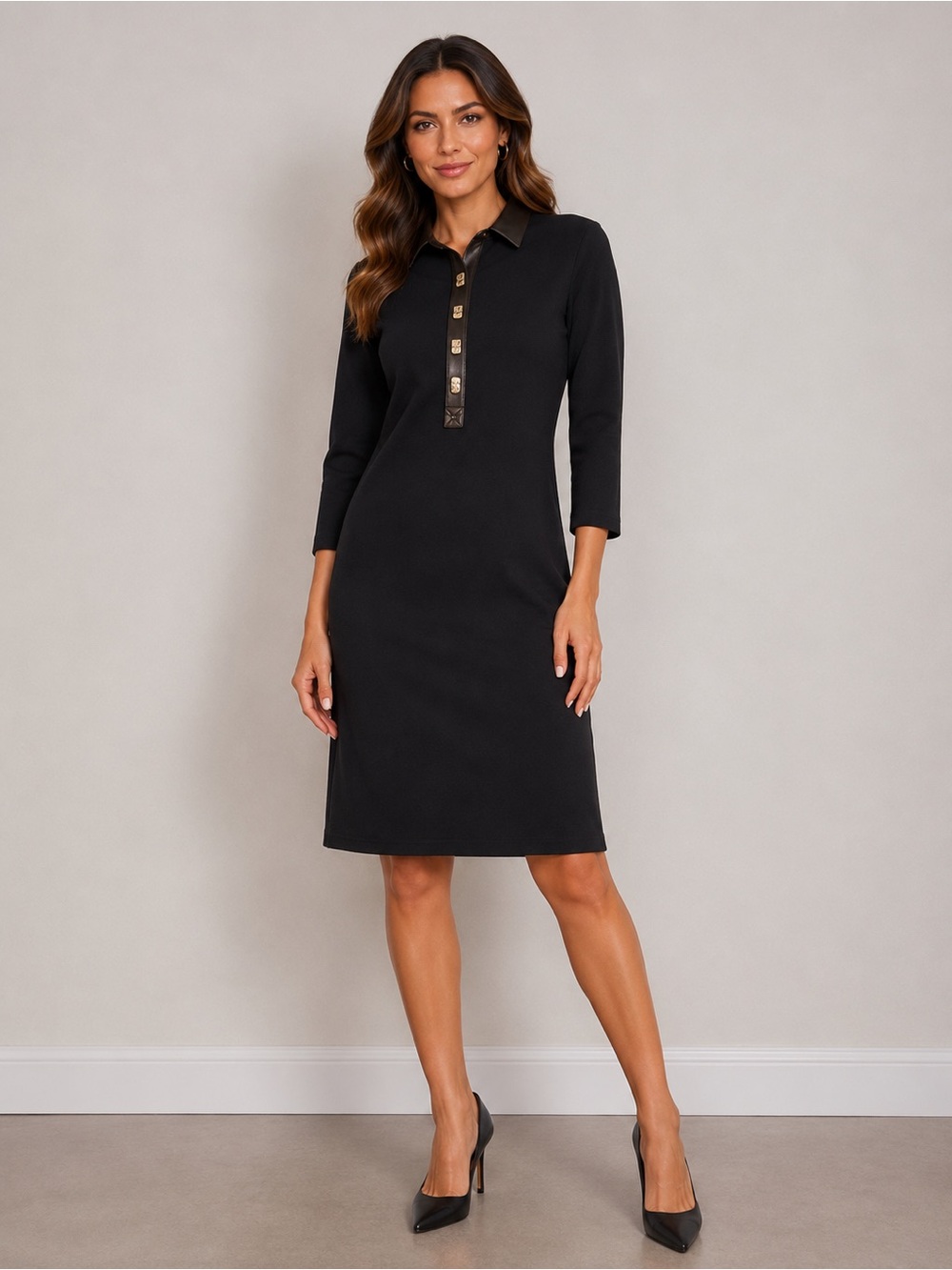 New J. McLaughlin Falcon Vegan Leather Trim‎ 3/4 Sleeve Knit Shirt Dress Sz M